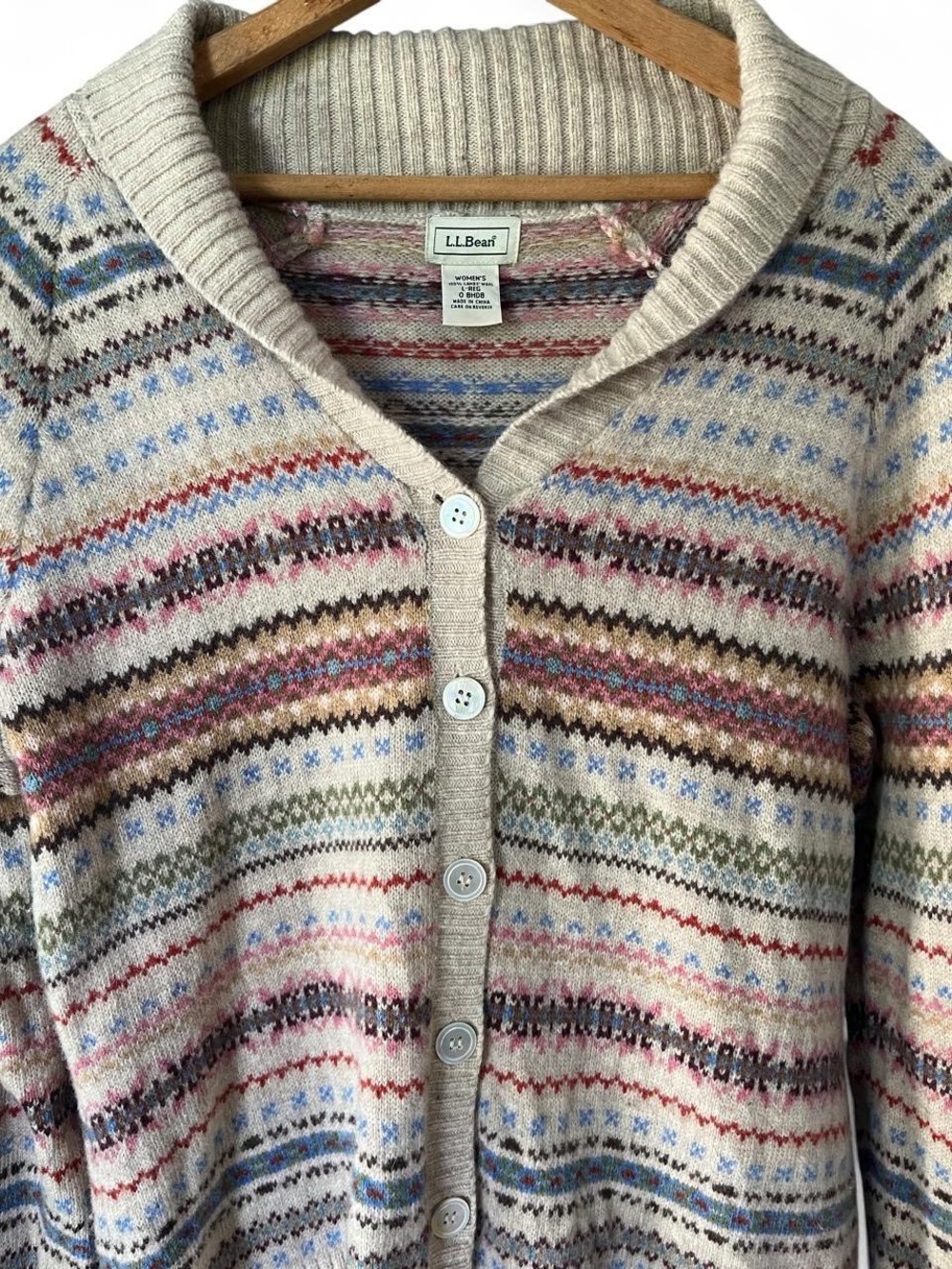 L.L. Bean Cream Fair Isle Button-Up Cardigan with Multicolor Stripes - Picture 4 of 6